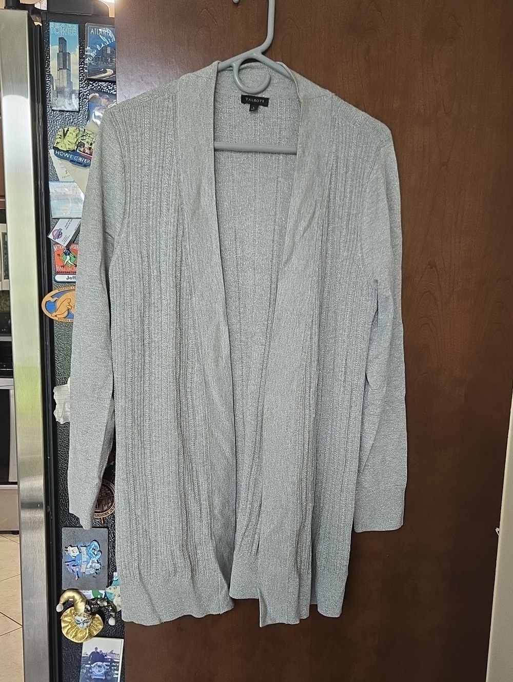 Talbots Heather Light Gray Open Drape Ribbed Cardigan